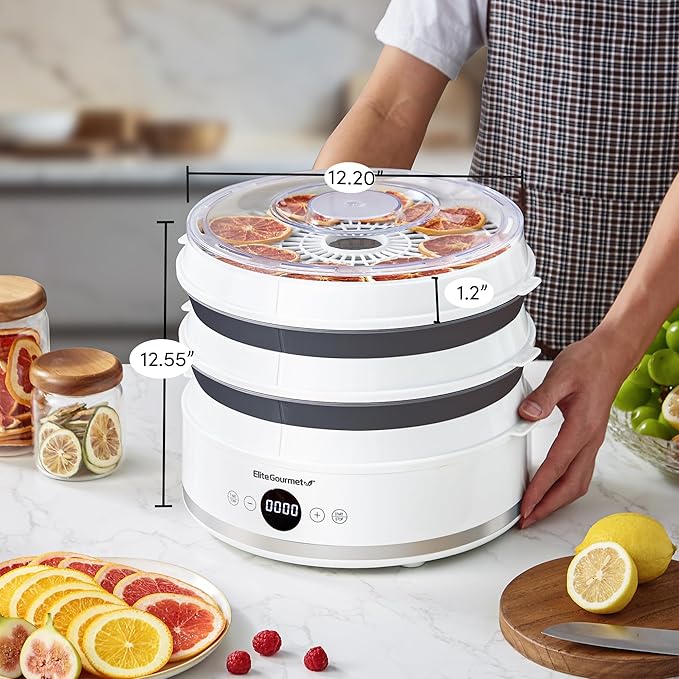 Elite Gourmet EFD329WD Digital Food Dehydrator with 5 BPA Free SlimStore™ Collapsible Trays for Compact Storage, Adjustable Timer and Temperature Controls, Jerky, Herbs, Fruit, Veggies, Snacks, White