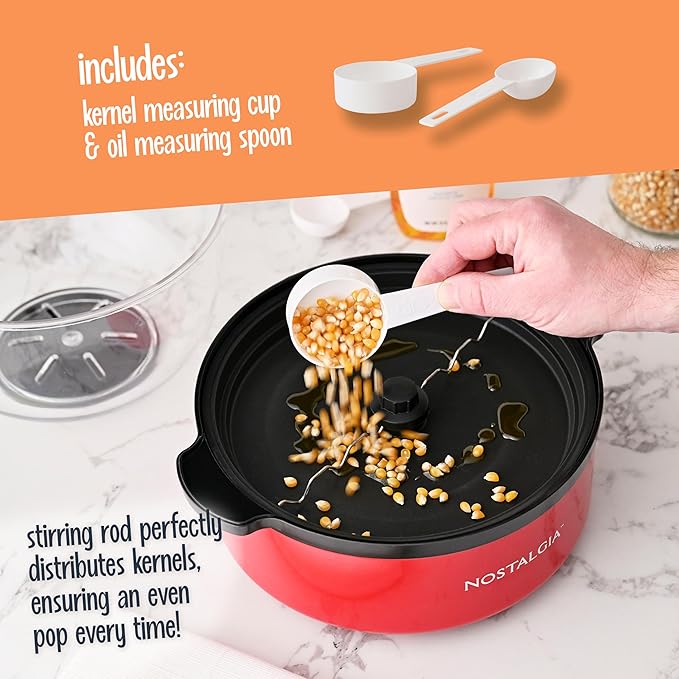 Nostalgia Non Stick Stirring Popcorn Maker for 24 Cups of Theatre Style Popcorn with Hot Oil - Dual-Use Lid & Serving Bowl - Quick Heat Technology & Cool Touch Handles - Ez Store - Red