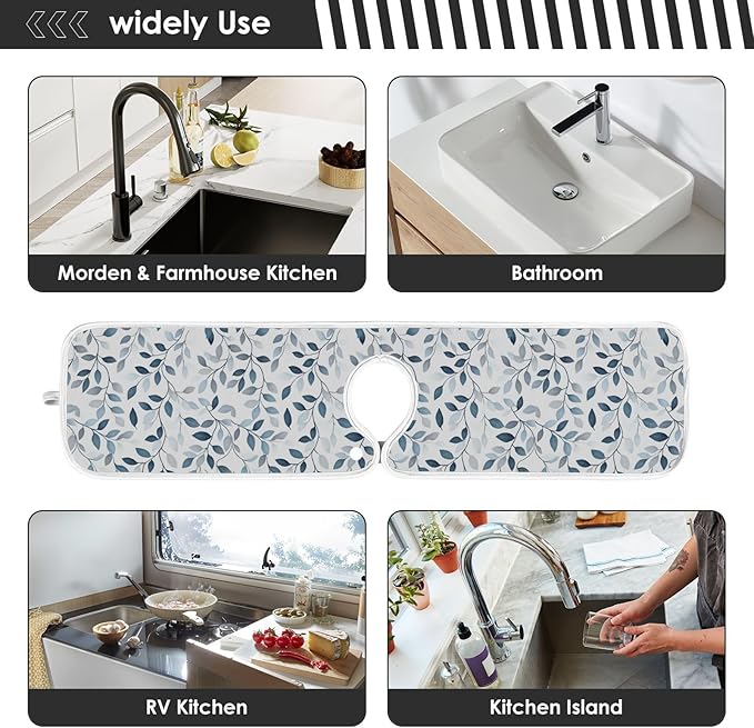 Kitchen Faucet Absorbent Mat,Green Gray Leaf Water Splash Guard for Sink, Faucet Drip Catcher Thicken Sponge Microfiber Faucet Water Catcher Mat Sink Absorbent Mat for Kitchen 14x5in 2 Pack