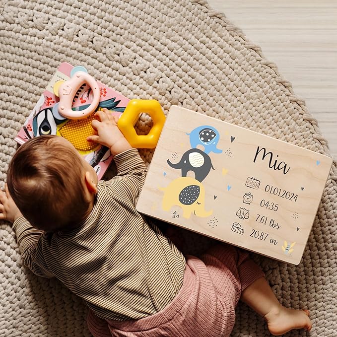 Creative Deco Personalized Wooden Storage Box Baby Memory Box | 11.8 x 7.87 x 5.51 in (+-0.5) | Hinged Lid Handle Engraving | Unpainted Gift Box | Rough UNSANDED Keepsake Souvenir Chest