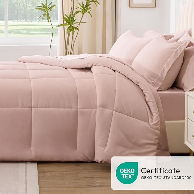 Love's cabin Queen Comforter Set Blush Pink, 7 Pieces Queen Bed in a Bag, All Season Bedding Sets with 1 Comforter, 1 Flat Sheet, 1 Fitted Sheet, 2 Pillowcase and 2 Pillow Sham | Soft, Breathable, Lightweight, Comfortable