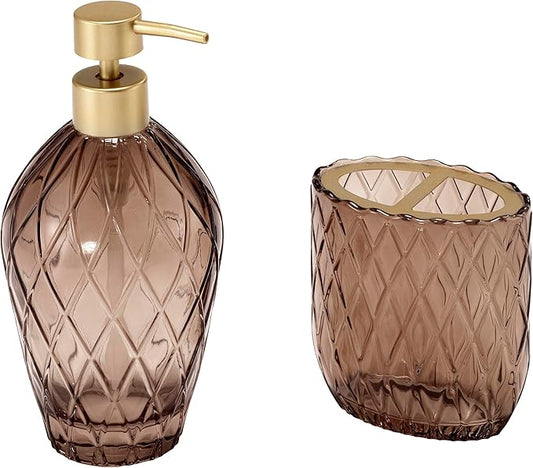 Nicole Miller – Bathroom Accessory Set, Toothbrush Holder and Lotion Dispenser, Embossed Glass with Gold-Tone Accents, Trellis Home Decor – Perfect for Organizing Bathroom Essentials (Bijou Brown)