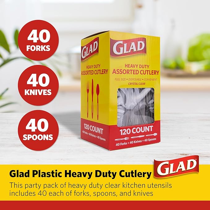 Glad Clear Disposable Cutlery Set with Heavy Duty Plastic Forks, Knives, and Spoons, Reusable Dishwasher Safe Plastic Utensils for Parties and Everyday Use, 120 Count