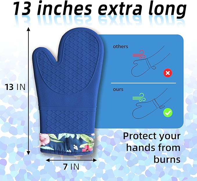 Pair of 2 Heat-Resistant Silicone Oven Mitts – Extra Long, Non-Slip Grip, Soft Cotton Lining, Perfect for Baking, Cooking & BBQ – 13” x 7” Kitchen Gloves (Blue Flora)