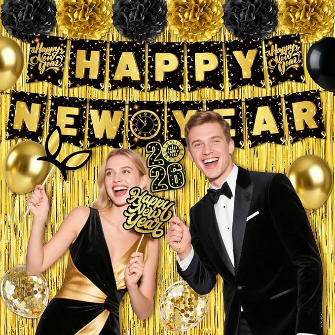 New Year Decorations 2026, Black Gold New Years Eve Party Supplies 2026 with Happy New Year Banner Photo Booth Props Fringe Curtains 32inch 2026 Balloons for Happy New YearS Decorations 2026