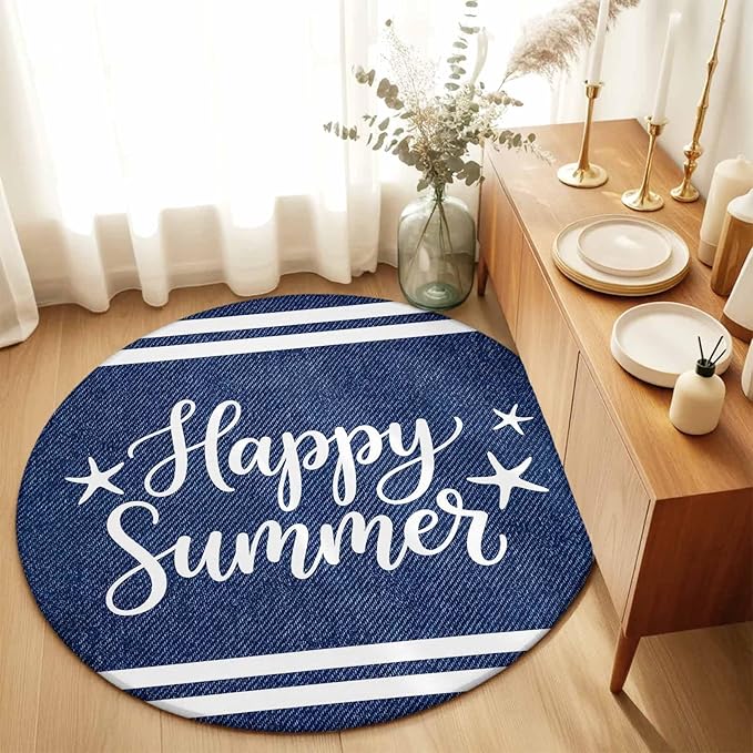 Washable Round Area Rug Happy Summer Quote Ocean Starfish Circle Rugs Floor Carpet for Living Room Bedroom, Navy Blue Stripe Denim Texture Soft Non Slip Round Rug 3ft