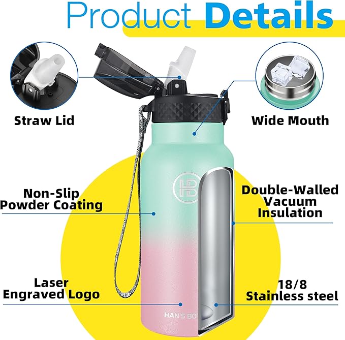 Han's Bottle Kids Water Bottle with Straw Lid - Insulated Stainless Steel Reusable Tumbler for Girls,Boys,Thermo Mug,17oz,Bubble Gum