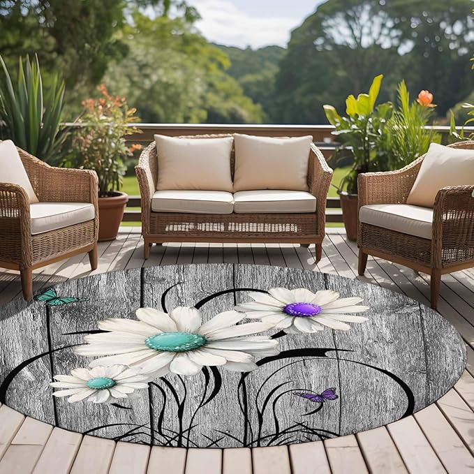 Washable Round Area Rug Farm Daisy Shabby Wood Grain Circle Rugs Floor Carpet for Living Room Bedroom, Vintage Flower Plant Butterfly Soft Non Slip Round Rug 5ft