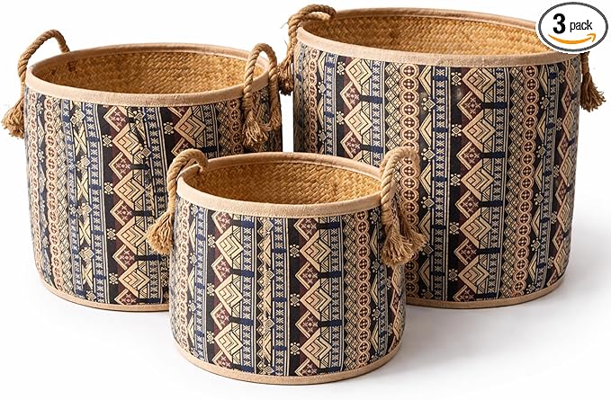 Set of 3 Handwoven Seagrass Baskets with Bohemian Brocade Cover – Decorative Wicker Storage Hampers with Handles for Laundry, Blankets & Toys – Natural Woven Baskets for Home & Bedroom Decor