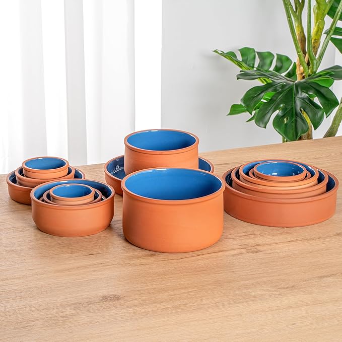 Restaurantware-Terra Tek 68 Ounce Terracotta Cazuelas, 2 Blue Glazed Clay Pots For Cooking - Oven-Ready, Microwavable, Terracotta Serving Pots, Dishwashable, For Cooking And Serving