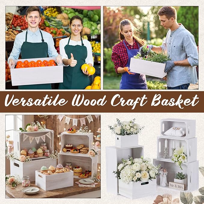 AceOrbit Set of 6 Wood Crates with Handles, Rustic Decorative Storage Boxes Distressed Wooden Nesting Display Baskets for Farmhouse, Wedding, Party Storage Display Supplies(Vintage White)