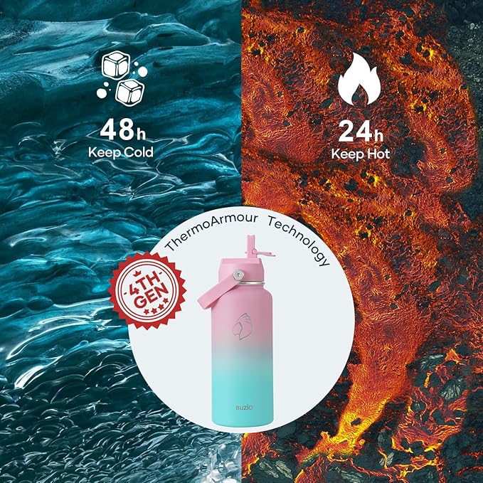 BUZIO 32 oz Water Bottle Insulated, Leakproof Stainless Steel Flask (Cold for 48 Hrs), Wide Mouth BPA-Free Metal Thermo Hydro Canteen with 2 Lids, Bubble Gum