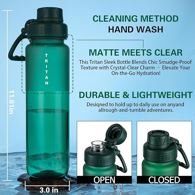 OLDLEY 32oz Frosted Clear Water Bottle, BPA-Free Tritan Plastic Reusable Water Bottle with Fast-Flow Spout Lid, Wide Mouth Leakproof Sports Drinking Bottle for Gym, School, Office, Travel,Lagoon