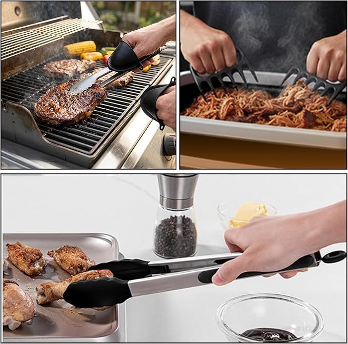 Collapsible BBQ Prep Tub 8L Black | Portable Meat Marinating Container with Locking Cutting Board Lid, BBQ Tongs, 2 Meat Shredding Claws & 2 Heat-Resistant Grill Gloves for Camping & Grilling