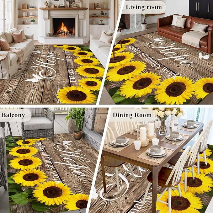 Area Rug 6x9ft, Farm Sunflower Positive Energy Quote Washable Rugs for Living Room Bedroom, Retro Dark Brown Wood Grain Soft Non-Slip Area Rugs Rectangle Floor Carpet for Dining Room