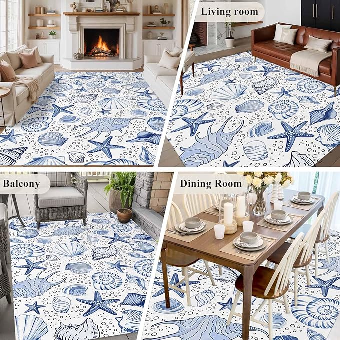Area Rug 6x9ft, Navy Blue Starfish Conch Shell Seamless Washable Rugs for Living Room Bedroom, Summer Ocean Bubbles Soft Non-Slip Area Rugs Rectangle Floor Carpet for Dining Room
