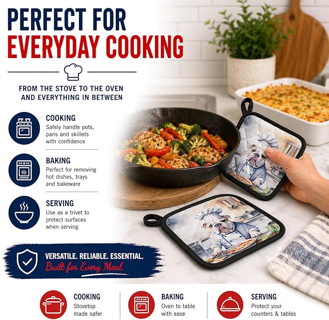 Caroline's Treasures English Bulldog The Chef Pair of Pot Holders Kitchen Heat Resistant Pot Holders Sets Oven Hot Pads for Cooking Baking BBQ, 7 1/2 x 7 1/2