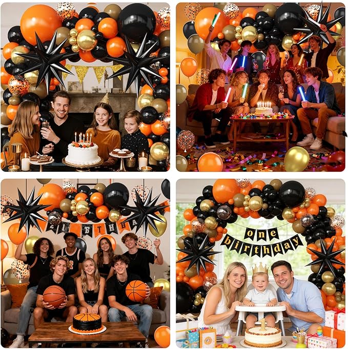 Black Orange Arch Kit Garland with Gold Brown Balloons Star Balloons for 2026 Graduation Decorations Boys Birthday Basketball Sport Event Anniversary Party Decorations