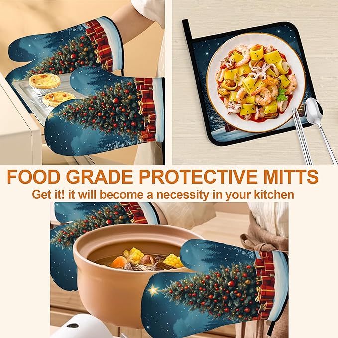 Christmas Winter Oven Mitts & Potholder Set of 4 - Heat Resistant Kitchen Gloves Hot Pads for Baking, Cooking, Gifts for Women