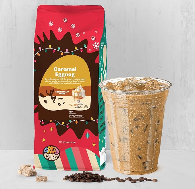Crazy Cups Flavored Ground Eggnog Coffee, Caramel Eggnog Coffee in 10 oz Bag, For Brewing Flavored Hot or Iced