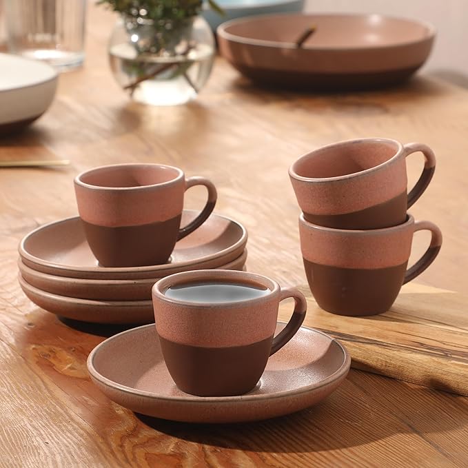 Gibson Elite William Crest 8 Piece Cup & Saucer Set, 4 Stoneware Cups & 4 Saucers, Reactive Glaze Finish, 3.5oz Espresso Cups, 5.5” Saucers, Round Coffee Set, Microwave & Dishwasher Safe - Pink