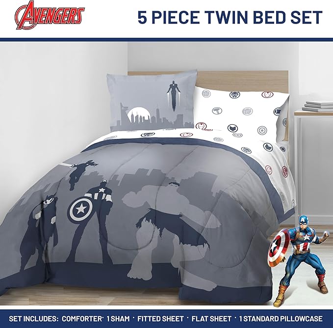 Jay Franco Marvel Avengers Twin Size Comforter Set - 5 Piece Bedding Includes Sheet Set & Pillow Covers - Super Soft Cozy Bedding with Captain America, Hulk, Iron Man and Thor