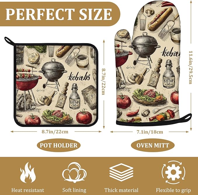 Funny Barbecue Food Grill Oven Mitts and Pot Holders Sets 4Pcs Kabobs Silicone Kitchen Gloves Heat Resistant Potholders for Baking Cooking Grilling BBQ