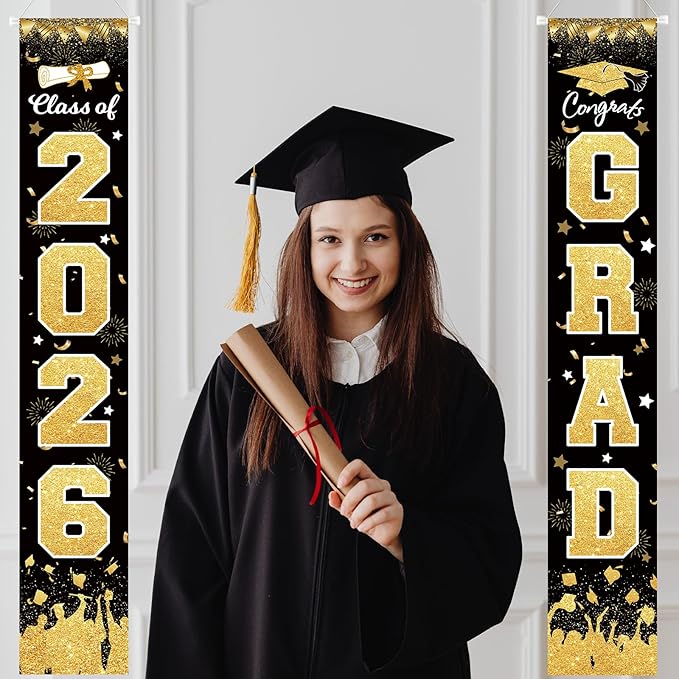 2026 Graduation Party Decorations - Black Gold Class of 2026 Congrats Grad Porch Sign Banner Hanging Flag Graduation Party Supplies for School College Classroom Decor