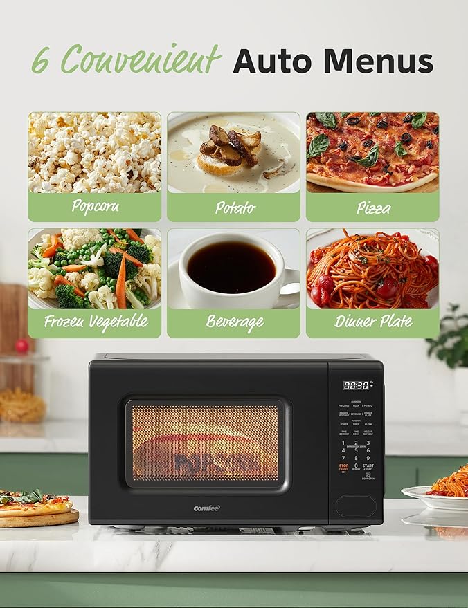 COMFEE CMO-C20M1WB Countertop Microwave Oven with 11 power levels, Fast Multi-stage Cooking, Turntable Reset Function, Speedy Cooking, Weight/Time Defrost, Memory function, Children Lock, 700W