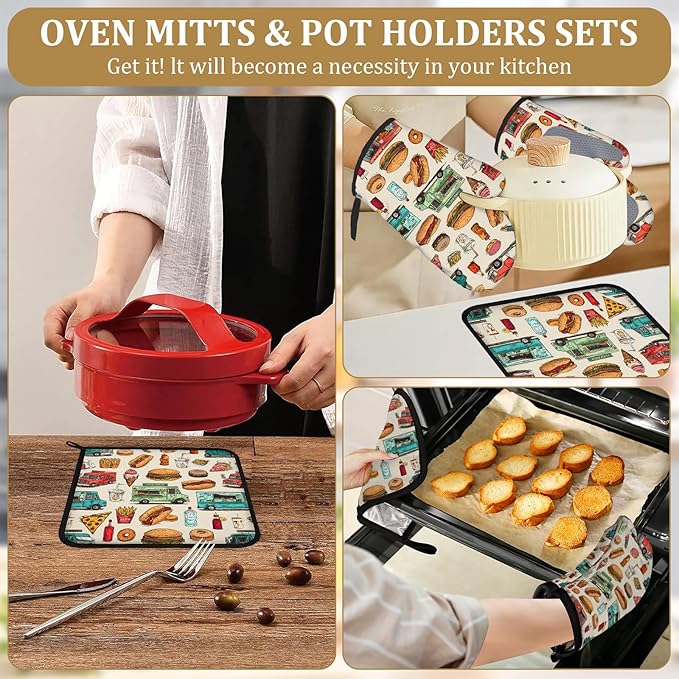 Funny Trucks Oven Mitts and Pot Holders Sets 4Pcs Fast Food Snacks Silicone Kitchen Gloves Heat Resistant Potholders for Baking Cooking Grilling BBQ