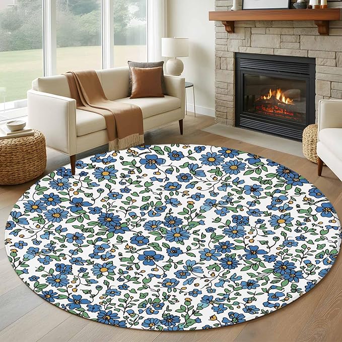 Washable Round Area Rug Blue Tiny Flowers Green Leaves Circle Rugs Floor Carpet for Living Room Bedroom, Farmhouse Botanical Soft Non Slip Round Rug 5ft