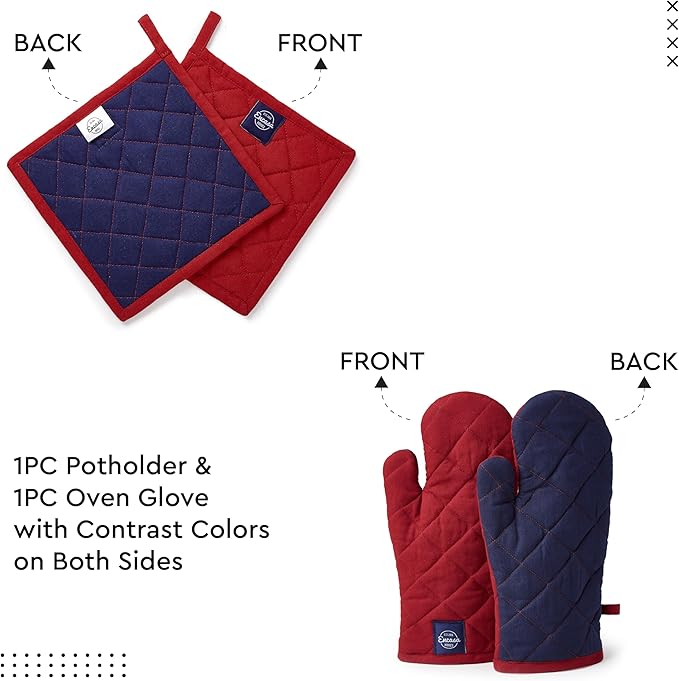 Encasa XO Heat Resistant 100% Cotton Oven Glove & Potholder Set with Loop, Kitchen Cooking Mittens, Microwave Safe Hot Pads (Red)