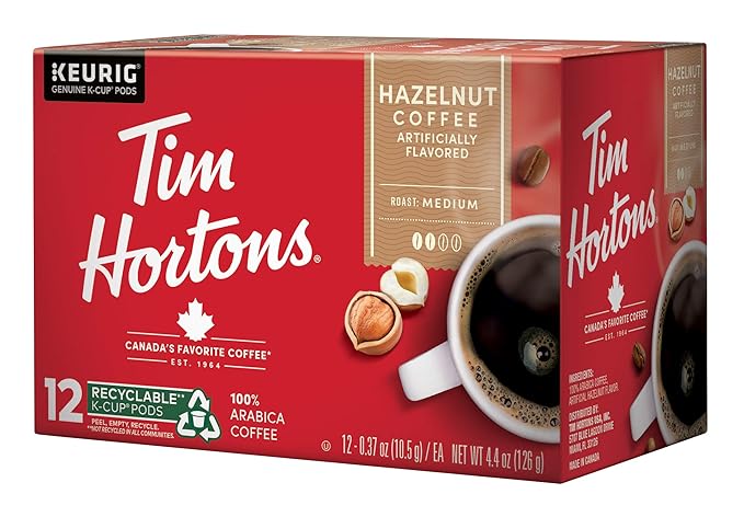 Tim Hortons Hazelnut Flavored, Medium Roast Coffee, Single-Serve K-Cup Pods Compatible with Keurig Brewers, 72ct K-Cups, 6x12ct Boxes, Red