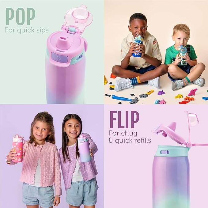 Ello Kids Pop & Fill 12oz Toddler Water Bottle with Quick Fill Lid, Double-Wall Vacuum Insulated Stainless Steel, Leak Proof, BPA Free, Sip & Chug, For School, Lunchboxes, Royal Palace