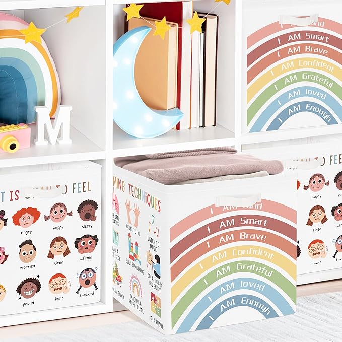 Clastyle Learning Education Kid Storage Basket Set Rainbow Inspiration Words Foldable Closet Clothes Organizer Nursery Toddler Toy Bin BoyGirl Book Shelf Basket
