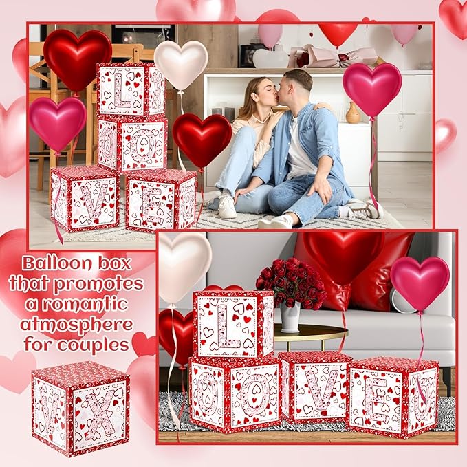 4 Pcs Valentines Day Balloon Box Valentines Day LOVE Balloon Box School Party Decorations Balloons Boxes for School Classroom Bedroom Preschool Party Decorations