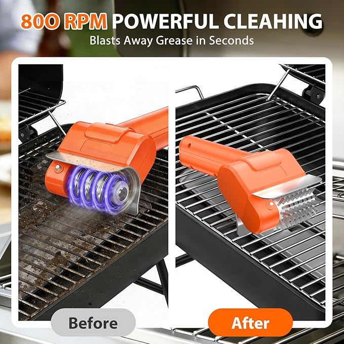 Electric Grill Brush - BBQ Grill Cleaning Tools with 800 RPM Brush Head,3000mAh Battery and 304 Stainless Steel Bristles, Cordless Rechargeable Grill Cleaner for Outdoor (Orange)