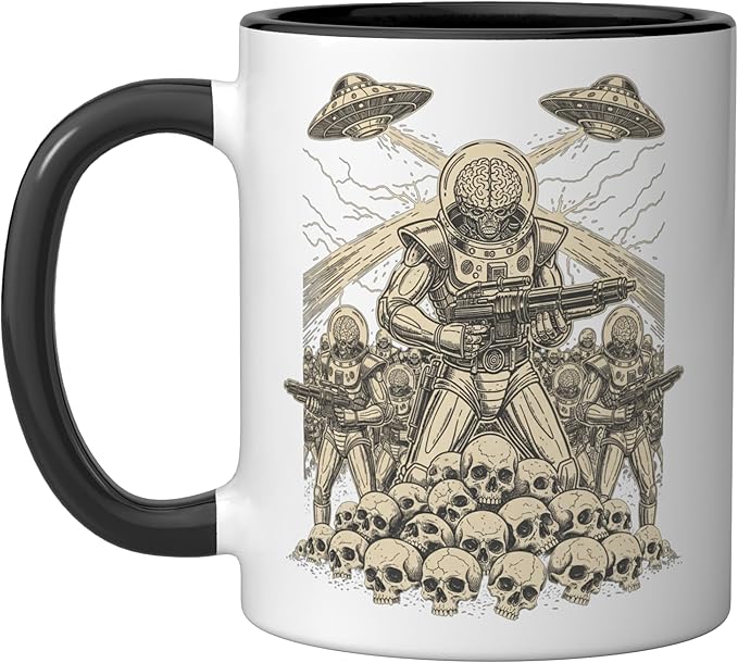 Alien Brain Soldier Retro Sci Fi Saucer Art Ceramic Mug, Black/White
