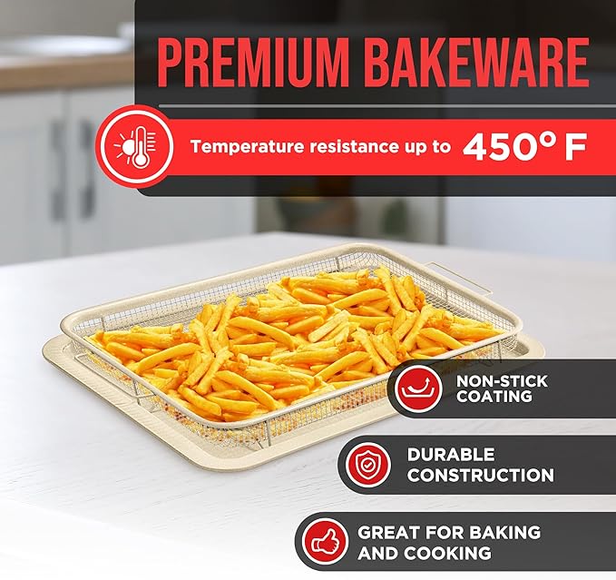 Bakken- Swiss Crisper Tray with White Marble Coating - 2-Piece Large Set – Non-Stick Basket for Healthier Cooking in Regular Ovens - Perfect for Crispy Chips, Bacon & More