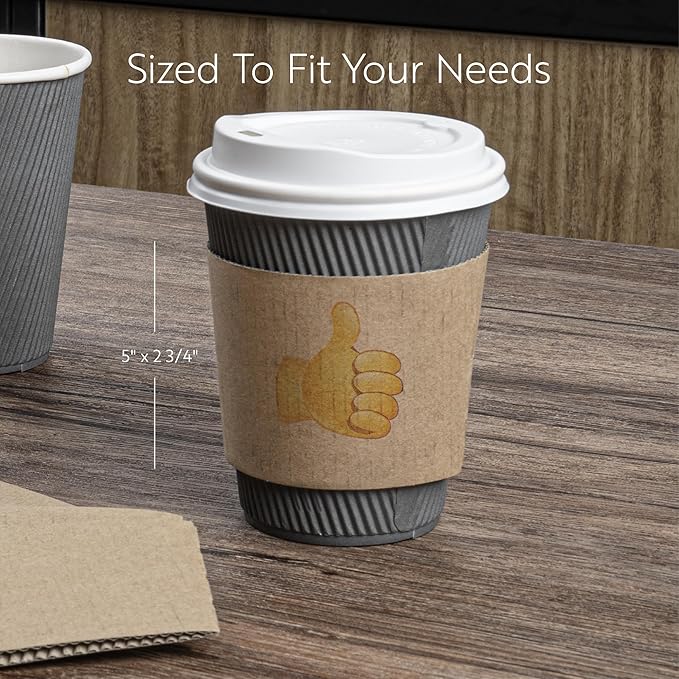 Restaurantware Coffee Sleeves Pack of 50 Corrugated Kraft Paper Coffee Cup Sleeves Fit for 12,16, 20-Ounce Hot Beverages Drinkwares Secure Grip Disposable with Thumbs Up Emoji For Cafes And Take Out