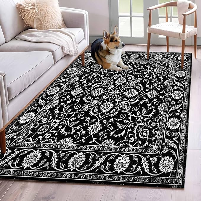 Area Rug 4x6ft, Paisley Vintage Black Floral Washable Rugs for Living Room Bedroom, Classic Flower Texture Soft Non-Slip Area Rugs Rectangle Floor Carpet for Dining Room