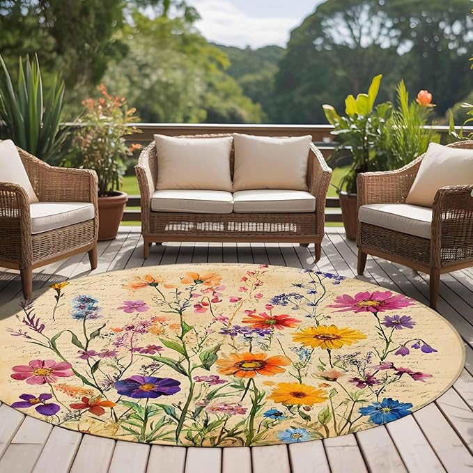 Washable Round Area Rug Farmhouse Colorful Small Flower Circle Rugs Floor Carpet for Living Room Bedroom, Retro Backdrop Seamless Soft Non Slip Round Rug 5ft