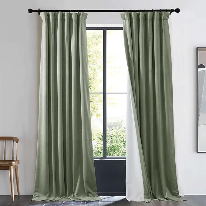 NICETOWN Cold Blocking Sage Green Velvet Curtain Long Drape for Bedroom, 1 Panel Living Room Office Luxury Bedroom Room Darkening Rod Pocket Velvet Room Divider Panel 84" Long, 48 inches Wide