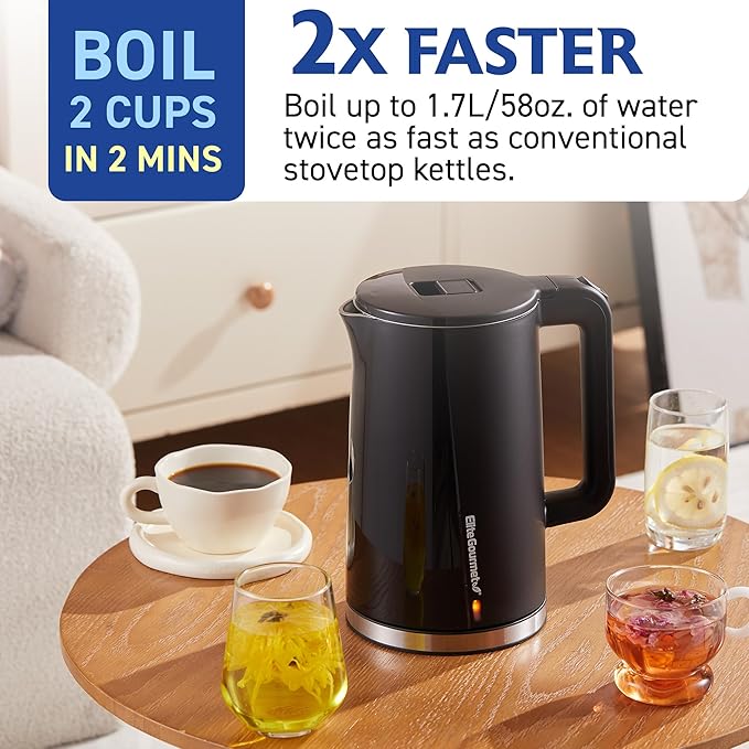 Elite Gourmet 1.7L Cool-Touch 1500W Fast Boil Electric Kettle, Fully Stainless Steel Lid & Interior BPA Free, Double Wall, Auto Shut-Off, Black