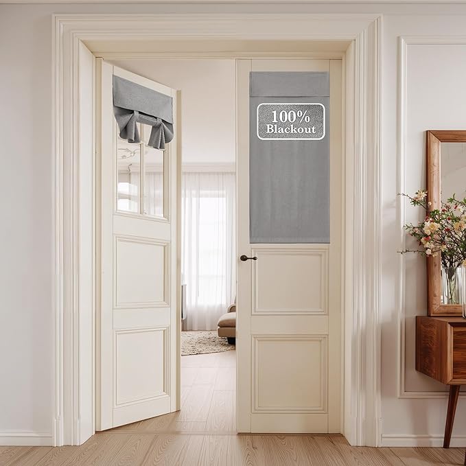 NICETOWN 100% Blackout Linen Door Curtains for Small Window, Privacy French Door Curtain 40 Inches Long for Kitchen Living Room, Room Darkening Window Covering, 1 Panel, 26W x 40" L, Grey