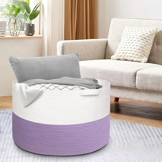 MEGASKET 115L Oversized Purple Basket, 23.6“x15.7 Woven Cotton Rope Baskets for Storage, Blanket Storage for Living Room, Jumbo Woven Laundry Hamper, Towel Bin Box, Purple Living Room Decor