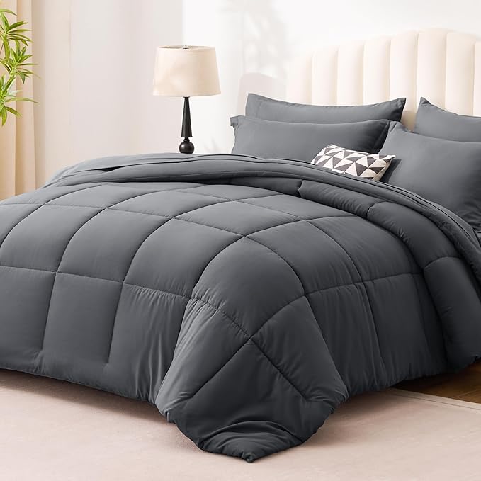 Love's cabin Twin Comforter Set Soot Grey, 5 Pieces Twin Bed in a Bag, All Season Bedding Sets with 1 Comforter, 1 Flat Sheet, 1 Fitted Sheet, 1 Pillowcase and 1 Pillow Sham | Soft, Breathable, Lightweight, Comfortable
