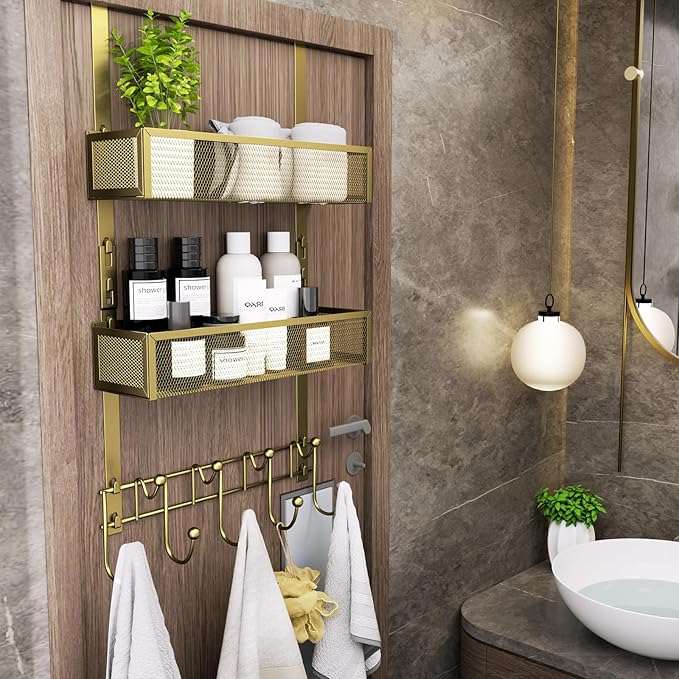 Consumest Over The Door Hooks Organizer - Extra Long Door Hanger with 9 Coat Hooks & 2 Mesh Basket, Back Storage Organizer Hanging Towels for Bathroom, Bedroom, Gold (for 1.76 in Doors)