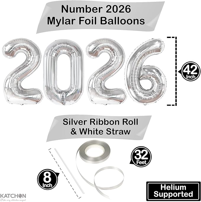 Silver Graduation Decorations 2026 | Giant, 42 Inch, Foil 2026 Graduation Balloons Class of 2026 Decorations | 2026 Balloons Number, Graduation Party Decorations | Prom Decorations 2026, Katchon
