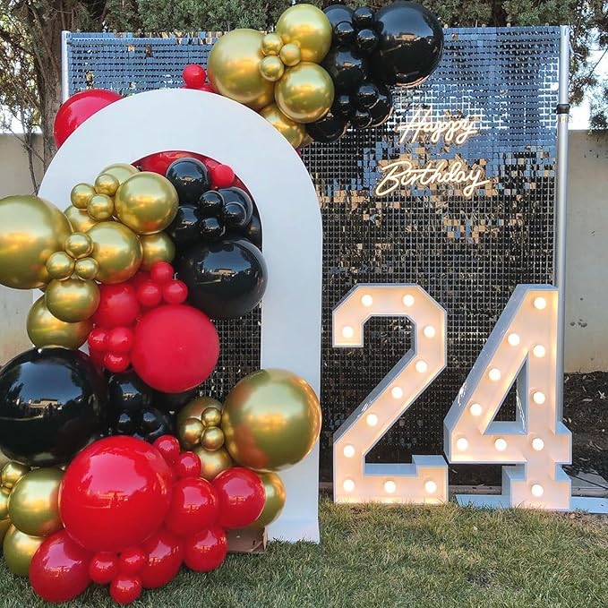 153Pcs Red and Black Gold Balloons Garland Arch Kit - 18 12 10 5 inch Different Size Black and Red Metallic Gold Balloons for Casino Anniversary Night Hollywood Movie Night Party Decorations